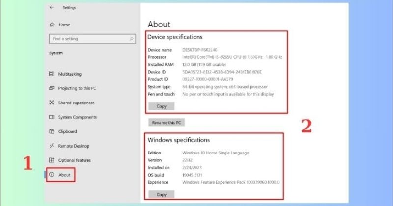 Kiểm tra cấu hình máy tính bằng Settings trên Windows